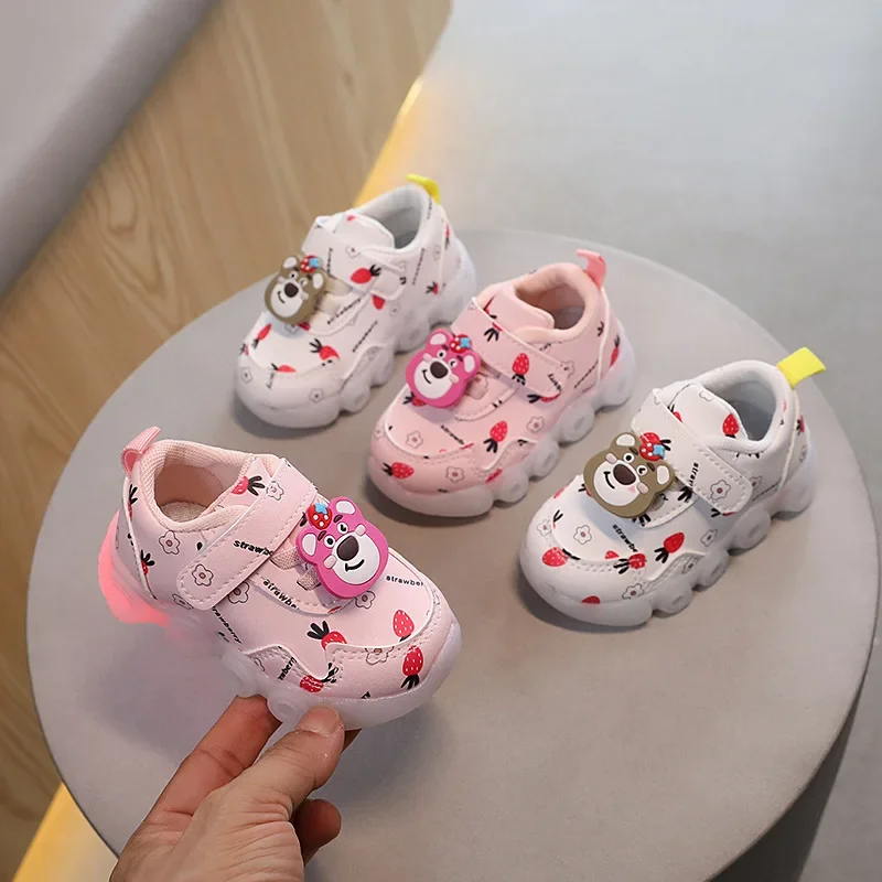 LED Light Baby Girls Casual Shoes Spring Autumn Cartoon Bear Printed Strawberries Baby's Sneakers First Walkers