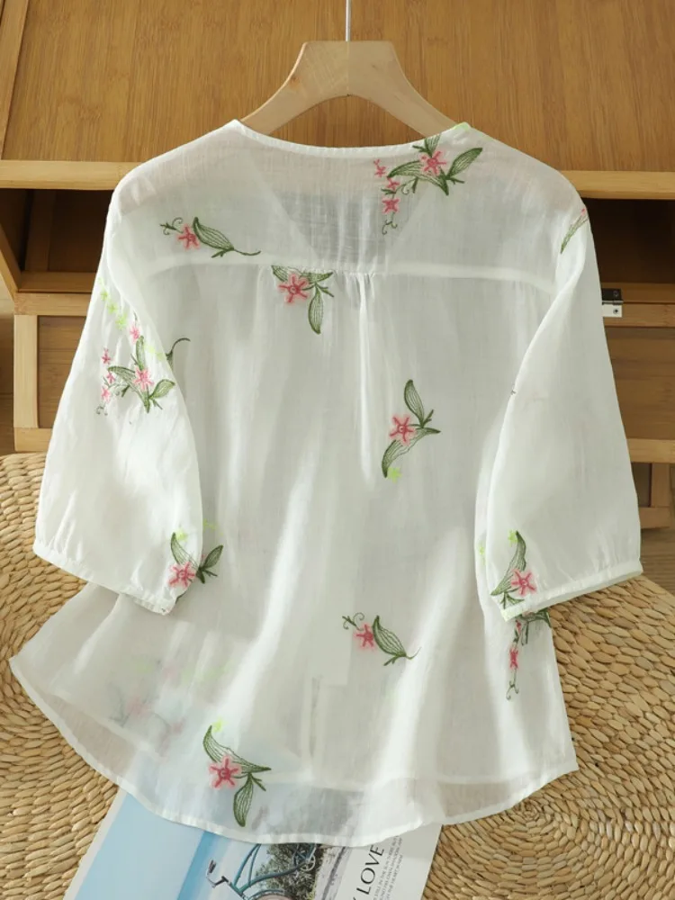 Nuovo cinese Sle Cotone Lino ricamato V-ne irt Donna Estate plus Size Dimagrante Faionable Age-defng f Sve Top