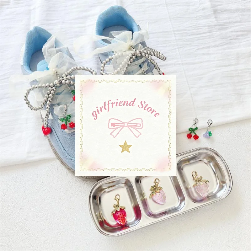 1/2 Uds. Abalorio de zapato con lazo de perla de plata roja, hebilla de fresa, decoración de zapatos, cuentas de uva cereza, accesorio de cordones para zapatillas de deporte