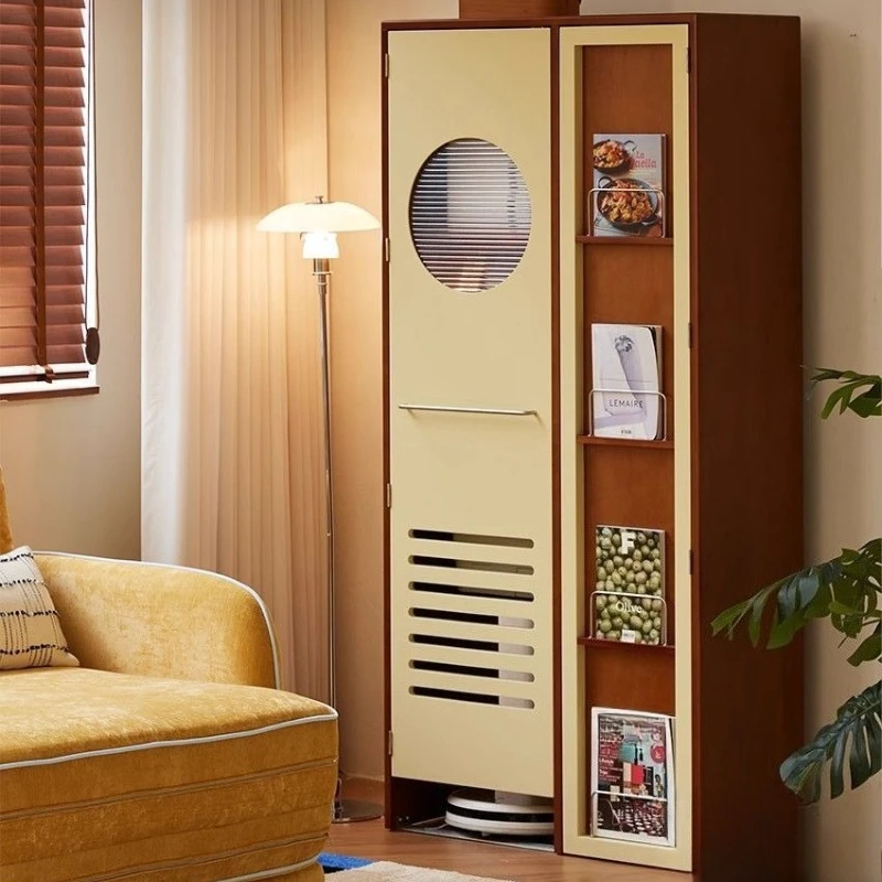 

Nordic solid wood housekeeping cabinet retro small apartment movable wall sweeping robot storage cabinet living room locker