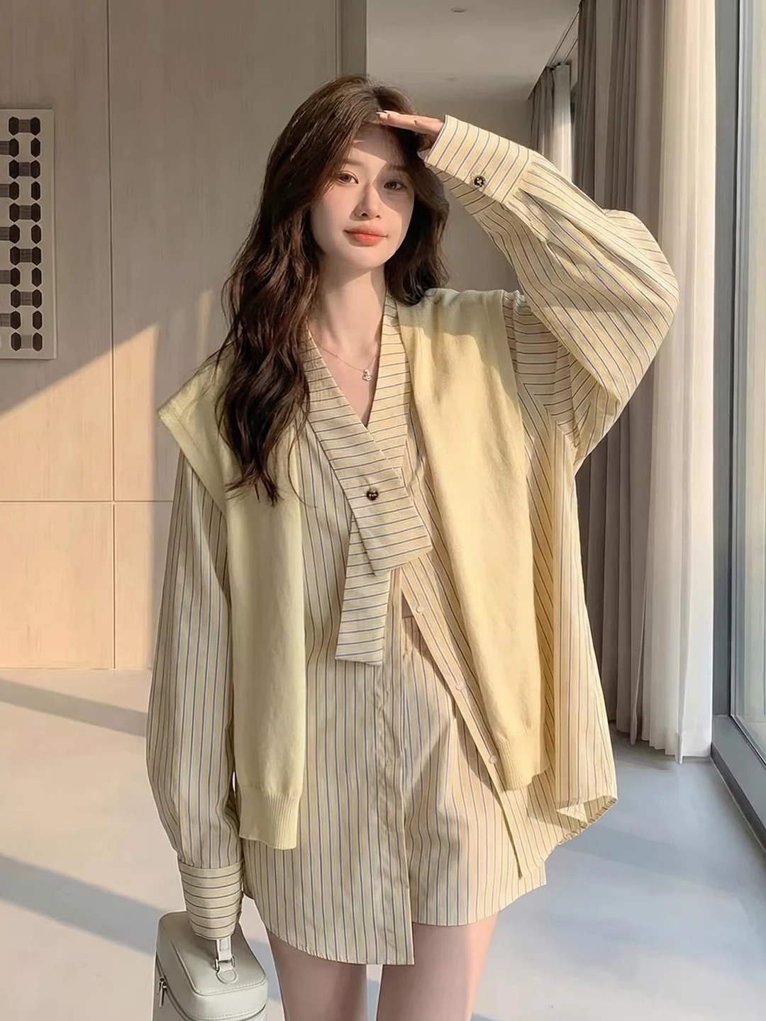 

Yellow Striped Shirt Shorts Set Loose Fit Women's Spring Autumn Korean Style Casual Fashion Three-Piece Suit Polyester Fiber