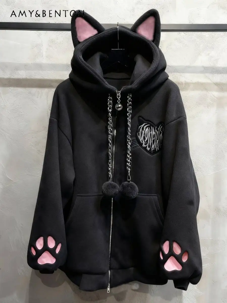 

Осенне-зимняя женская толстовка с капюшоном и ушками черной кошки в стиле аниме, серая, свободного кроя, из вельвета, в стиле панк-рок, с длинными рукавами, повседневная