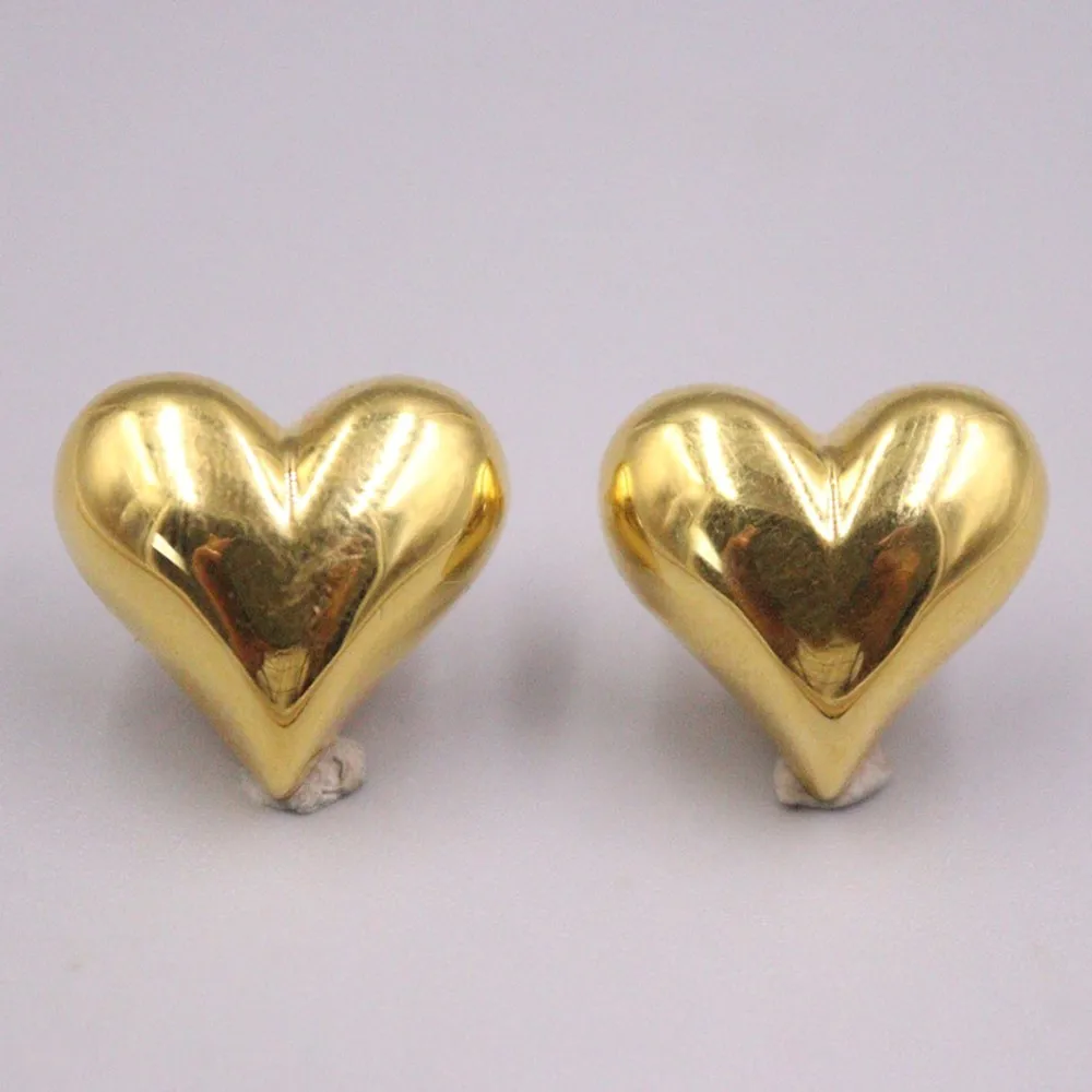 Real Pure 18K Yellow Gold Stud Women Gift Lucky Hollow Glossy Heart Earrings 3.05g