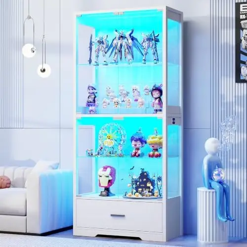 Display Cabinet with Glass Doors, 4-Tier Curio Cabinet with Drawer for Collectibles, Display Case with 3-Color Lights &