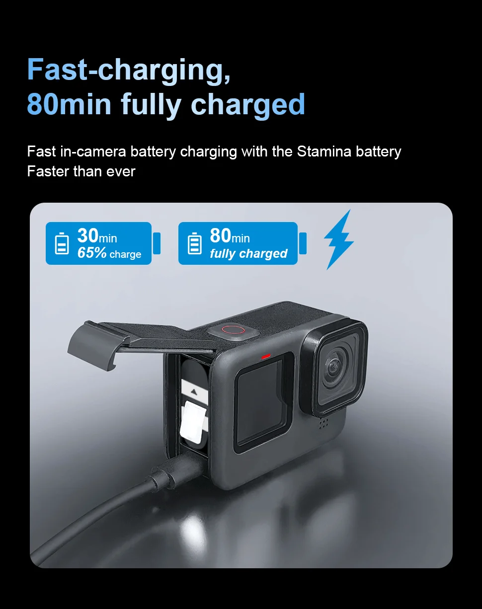 TELESIN 1750 mAh Endurence Batterie Für GoPro Hero 12 11 10 9 Gopro Zubehör Mit Batterie Box Für GoPro 9 10 11 12 Schwarz – Detail 5