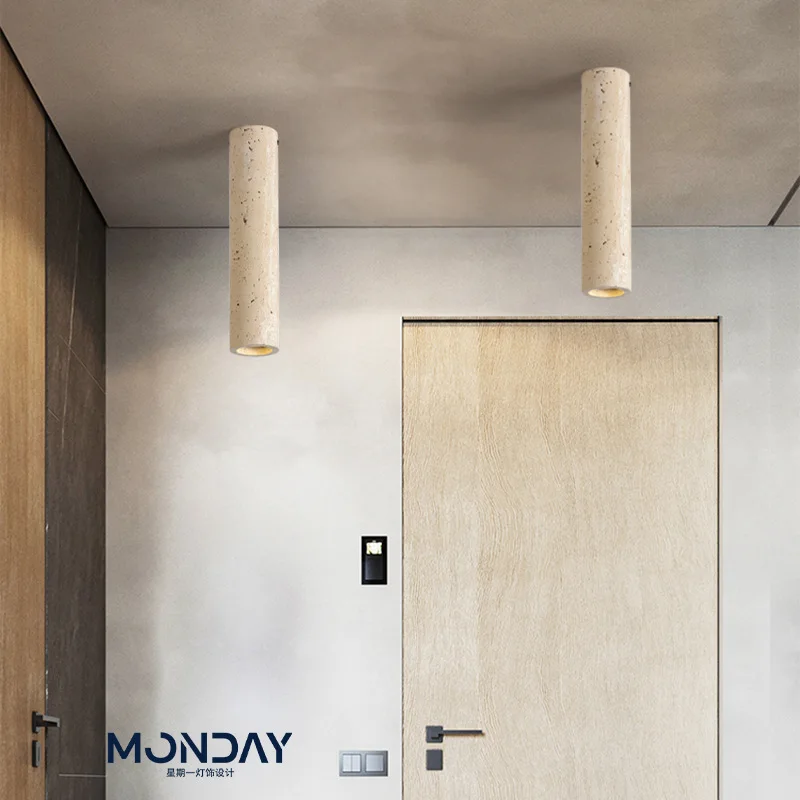 

Цилиндрический потолочный светильник из травертина 2026 года с каменным плафоном и лампой E27