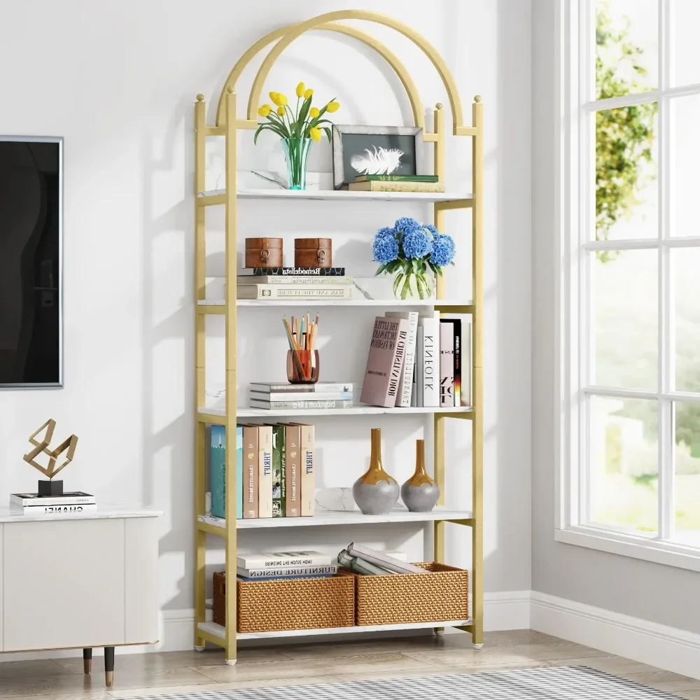 Advanced 5-layer gold Etagere bookshelf, modern metal open arched bookshelf, 72 inch high gold bookshelf