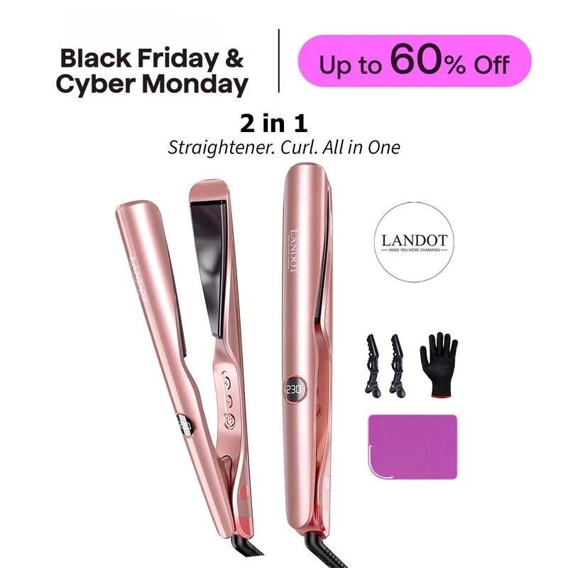

LANDOT 2-in-1 Flat Iron Curling Iron with 12 Temp Settings Ceramic Coating for Salon-Perfect Straightening & Curling