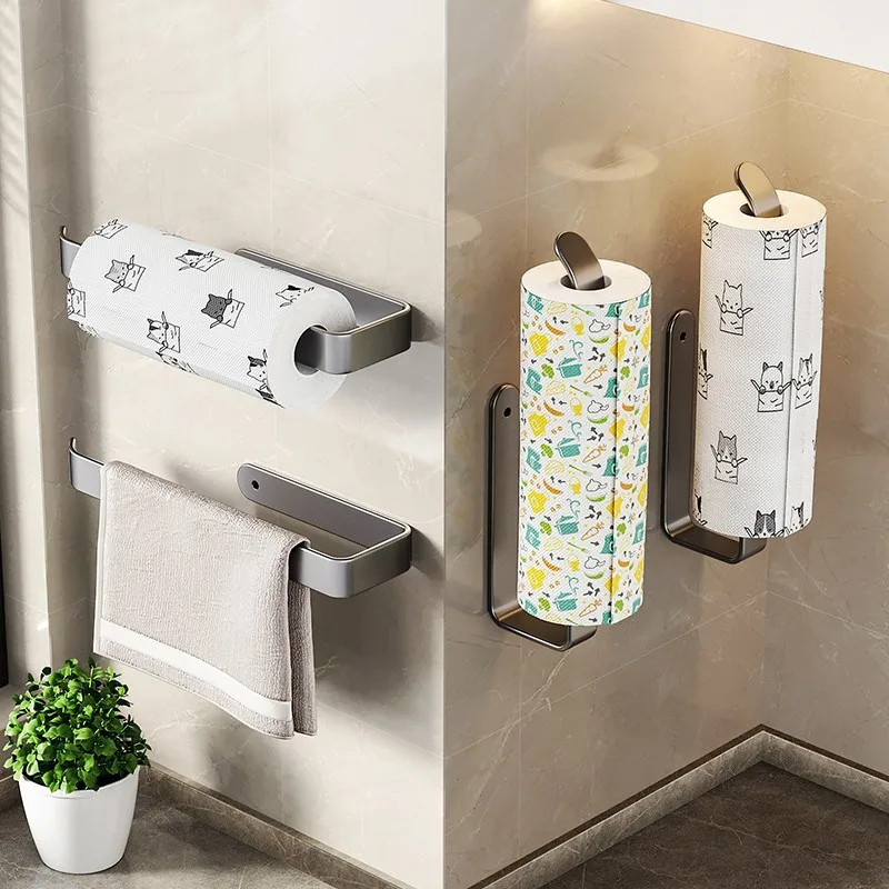 

Kitchen Paper Towel Holder Hanging Rack No-hole Cling Film Oil-absorbing Wall-mounted Roll Paper Rod Cabinet Storage Shelf