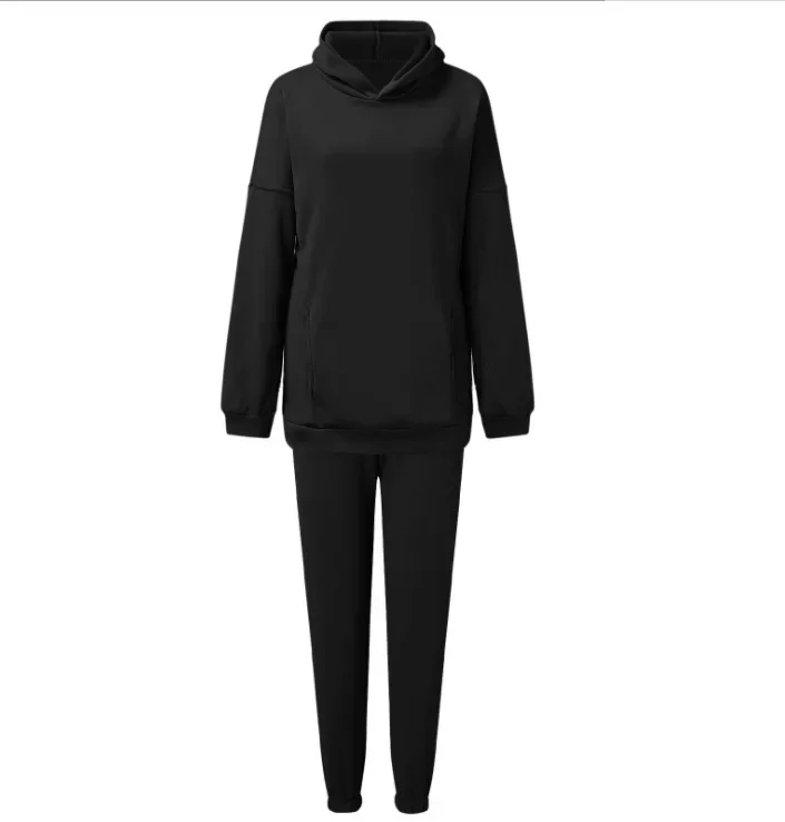 Frauen Trainings anzug zweiteilig Set Kapuze Langarm Hoodies solide Sweatshirts Bleistift hose elastische Taillen taschen Pullover