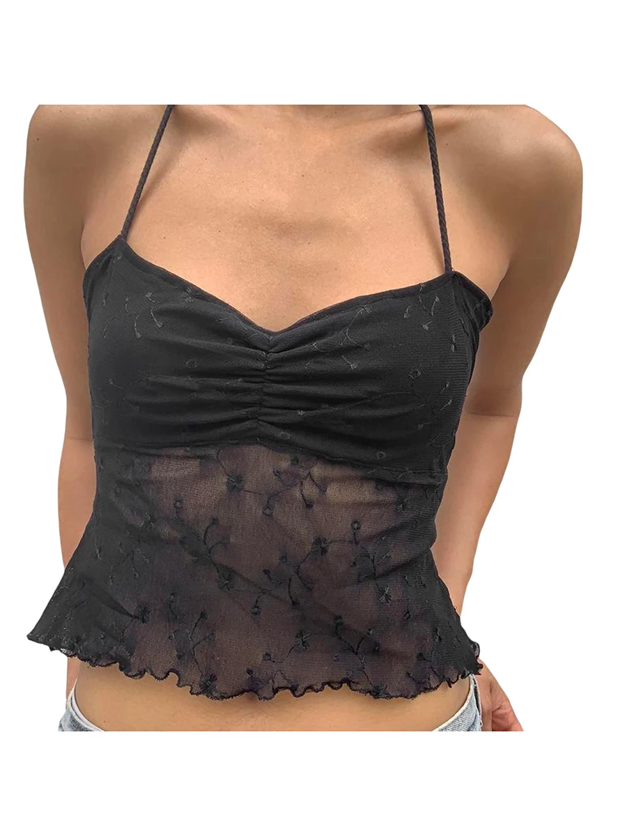 بلوزة نسائية من الدانتيل الشرير ، رقبة حرف V ، سترات صيفية عارية من الأعلى ، قمم ، ملابس الشارع ، كامي شبكي ، Y2k