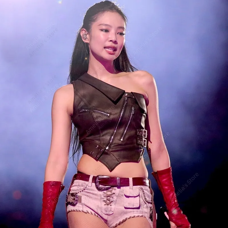 

Женский асимметричный коричневый жилет на одно плечо в стиле K-pop для выступлений, танцев и рейв-вечеринок