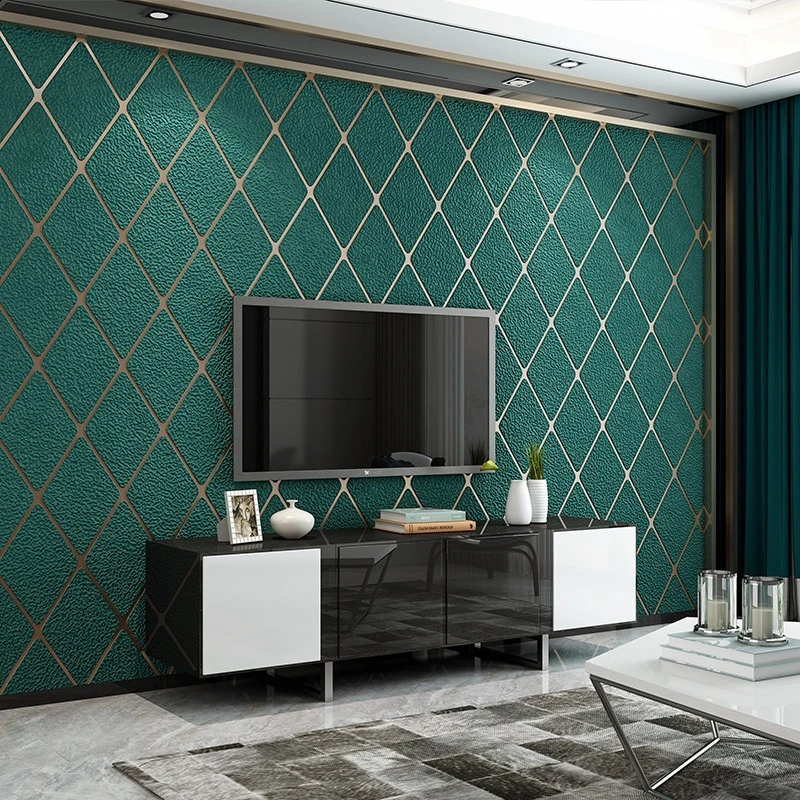 

Dark Green 3D Diamond Lattice Deerskin Velvet Wallpaper Bedroom Living Room Hotel Modern Minimalist Tile Background Wall Sticker