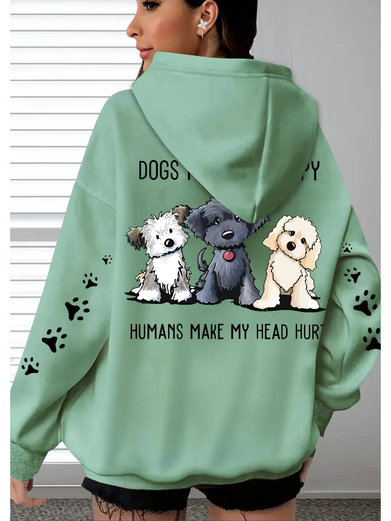 Women Cute  Puppy Hoodie Paw Print  Unisex Long Sleeve Oversized Soft Fleece Hooded Sweatshirt Casual Streetwear Pullover Tops