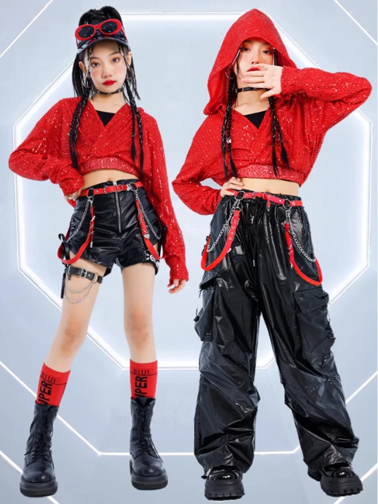 New Kids Festival Jazz Dance Costume Girls Red Sequin Hooded Tops Hip-Hop Pants Concert Street Dance Performance Clothes BL14480