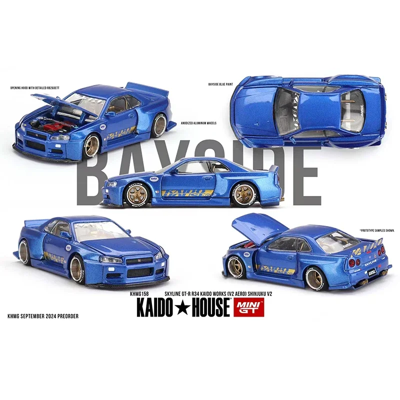 PreSale MINIGT KHMG158 Skyline GTR R34 Kaido Works V2 Aero SHINJUKU V2 Openable Hood 1:64 Diecast Car Model