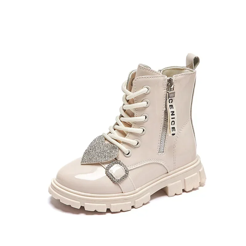 2024 Children Ankle Boots with Love Rhinestones Buckle Glossy Cool Girls Boots Elegant Kids Shoes Versatile Soft Non-slip Chic
