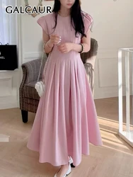 GALCAUR Pink Dress For Women O Neck Short Sleeve High Waist Sweet Temperament Dresses Female 2024 Summer Fashion Clothing Style