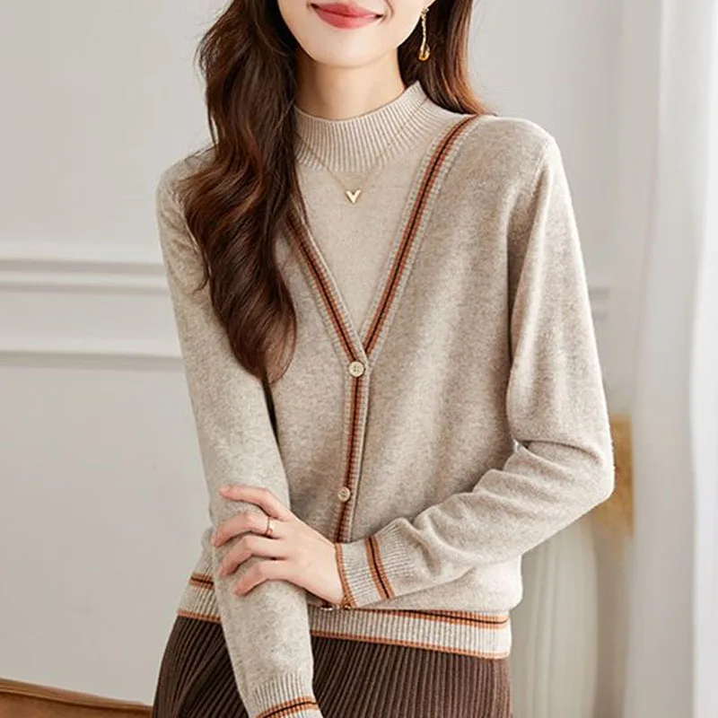 

Black Winter Women's Fake Two Piece Contrast Half High Neck Long Sleeve Sweater Autumn Casual Versatile Elegant Knitted Top