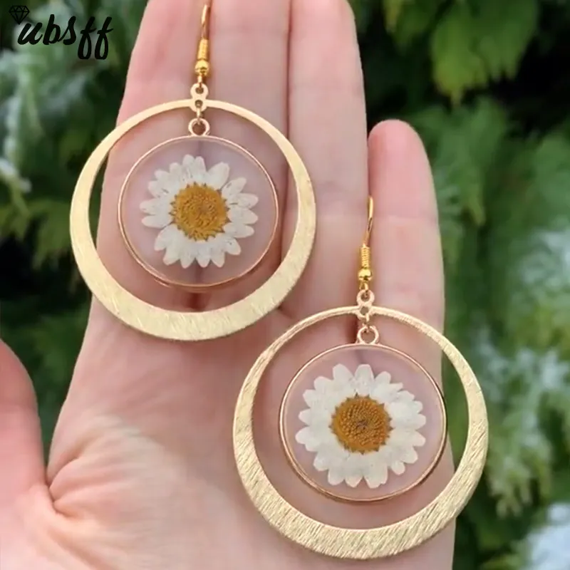 Gift for Her New Real Pressed Daisy Flowers Golden Brass Earrings Hypoallergenic