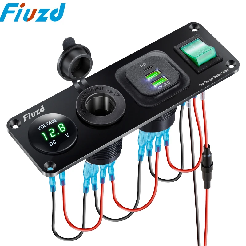 4 in 1 ON/OFF Charger Socket Panel Dual USB Socket Power Outlet & LED Voltmeter &Cigarette Lighter Socket& LED Switch