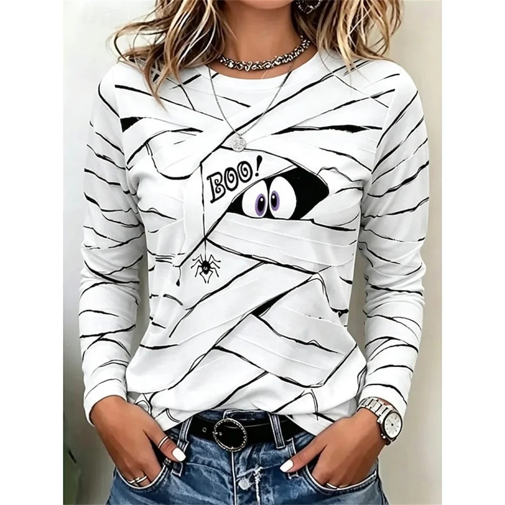 Women Men Halloween Mummy 3D Print Long Sleeve T‑Shirt Casual Round Neck Holiday Funny Pattern Clothing Personality Trend Autumn