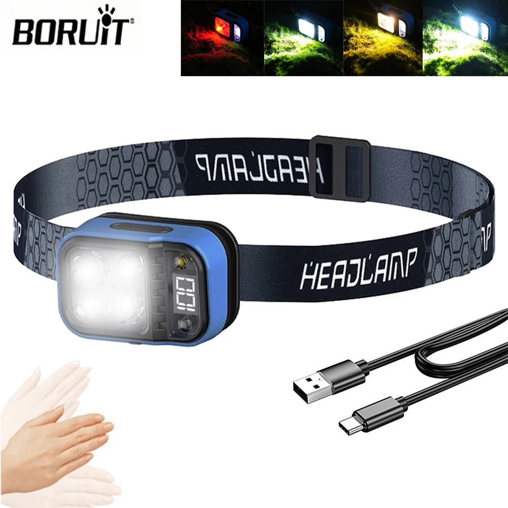 

BORUiT Sensor LED Headlamp Rotate Powerful Headlight Type-C Rechargeable Fishing Work Torch Waterproof Camping Lantern