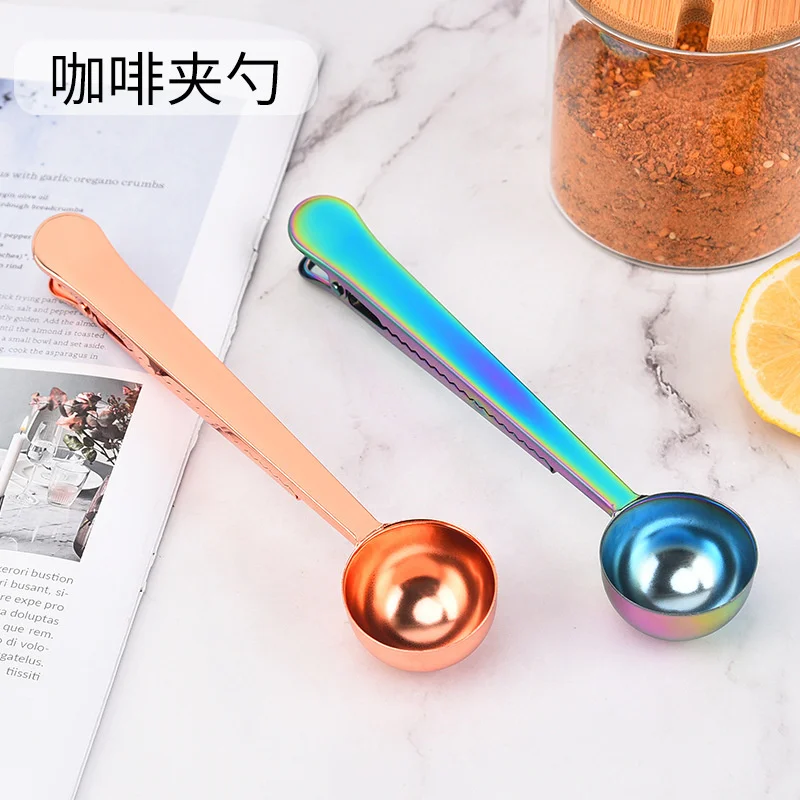 

50pcs Stainless Steel Coffee Measuring Spoon with Clip Kitchen Gadget Gold Plated 2 in 1 with Sealing Clip Milk Powder Measuring