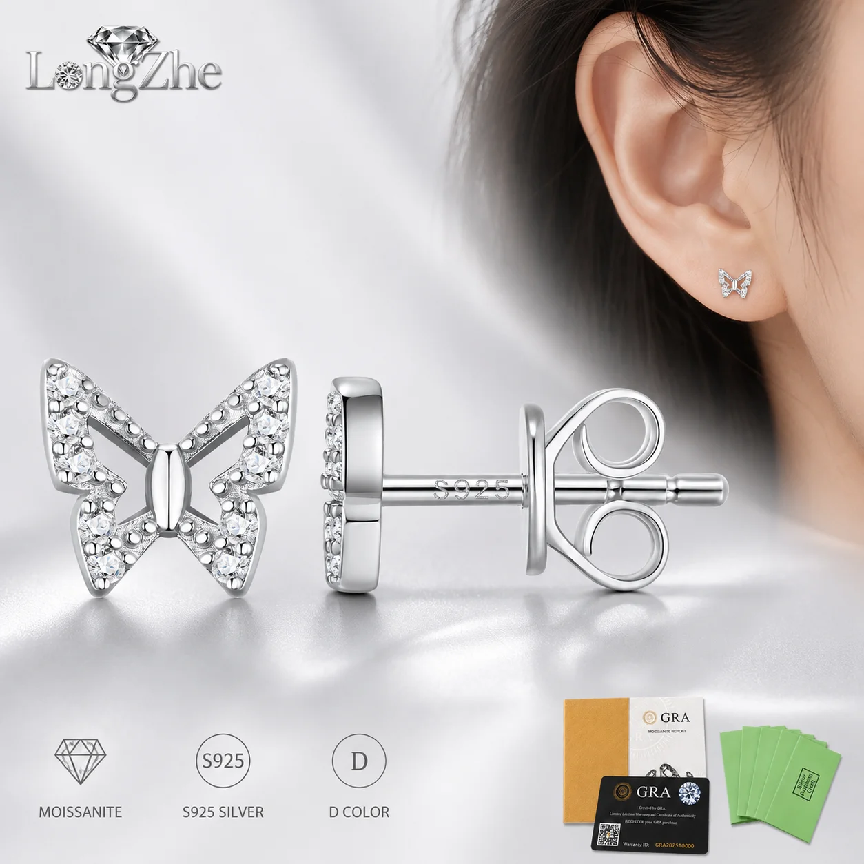 LongZhe 925 Sterling Silver Moissanite Earrings for Women Butterfly Stud Earrings 1.0mm 20 Stones Fine Jewelry Birthday Gift Set