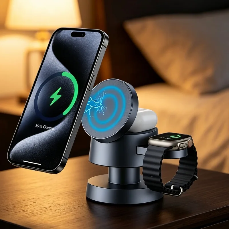 3-in-1-ワイヤレス充電ステーション、高速磁気ワイヤレス充電スタンド（magsafe対応）、iphone-17、16、15、14、13-pro-max、airpods、iwatch用