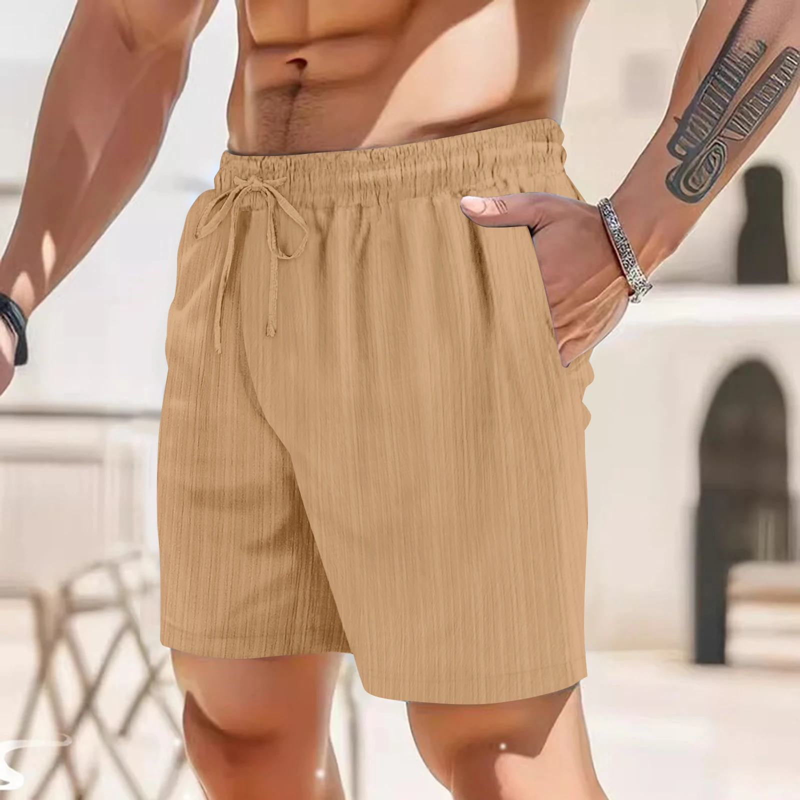 Shorts casuais listrados de bolso múltiplo masculino, calça de praia havaiana, algodão e linho, novo, verão 2022