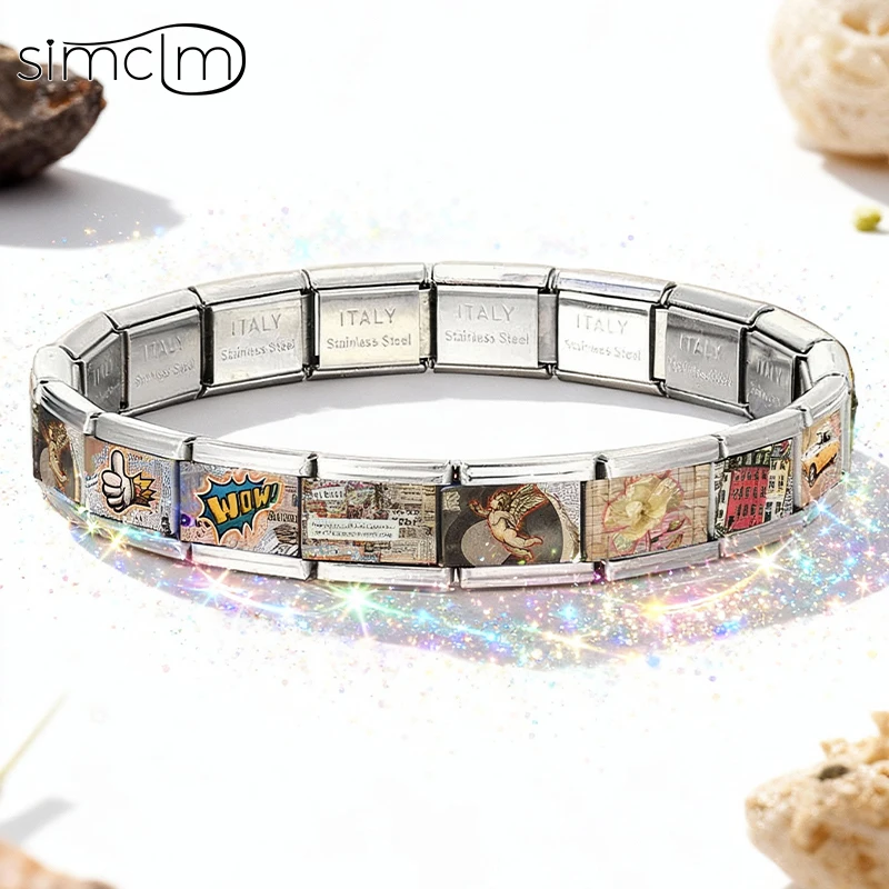 Retro personalizado módulo carro anjo folha pulseira charme links italianos caber 9mm pulseira de aço inoxidável jóias diy
