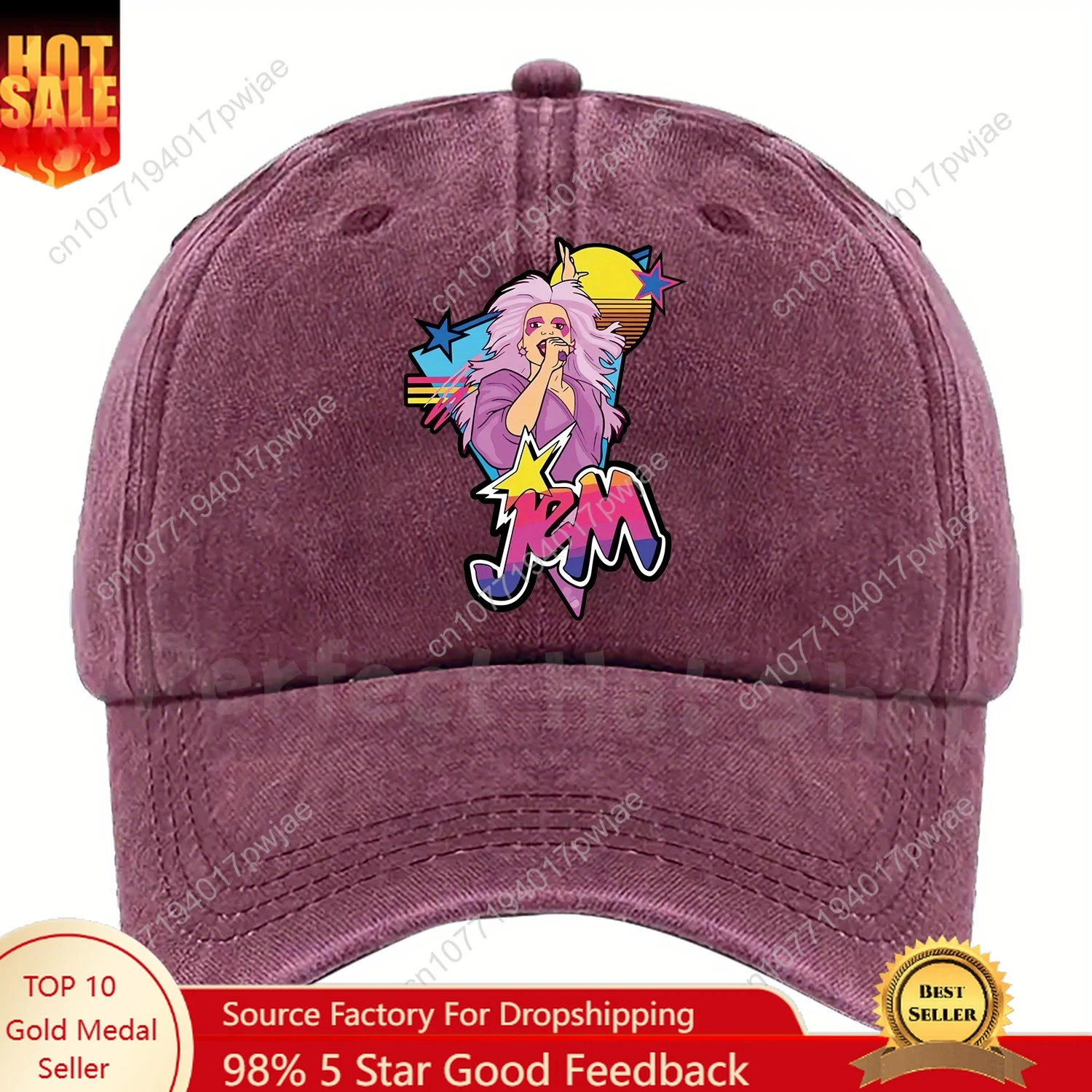 

Adjustable Cartoon "Jem" Baseball Cap - Breathable Polyester Machine Washable Vibrant Multi-Color Print with Star Lightning