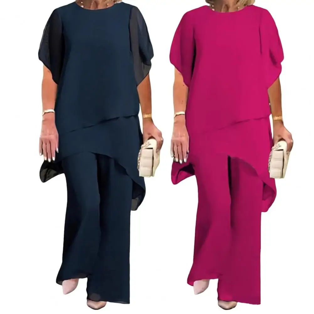 Casual Spring Outfit Women's 2-piece Chiffon Set Plus Size Wide Leg Pants Ruffle Layers V-neck Top Casual Office for Spring