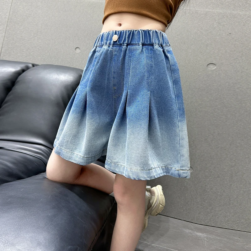 

New Arrival Summer Kids Girl Gradient Blue Pleated Denim Shorts High Quality Children Fashion Casual Street Mini Jeans Shorts