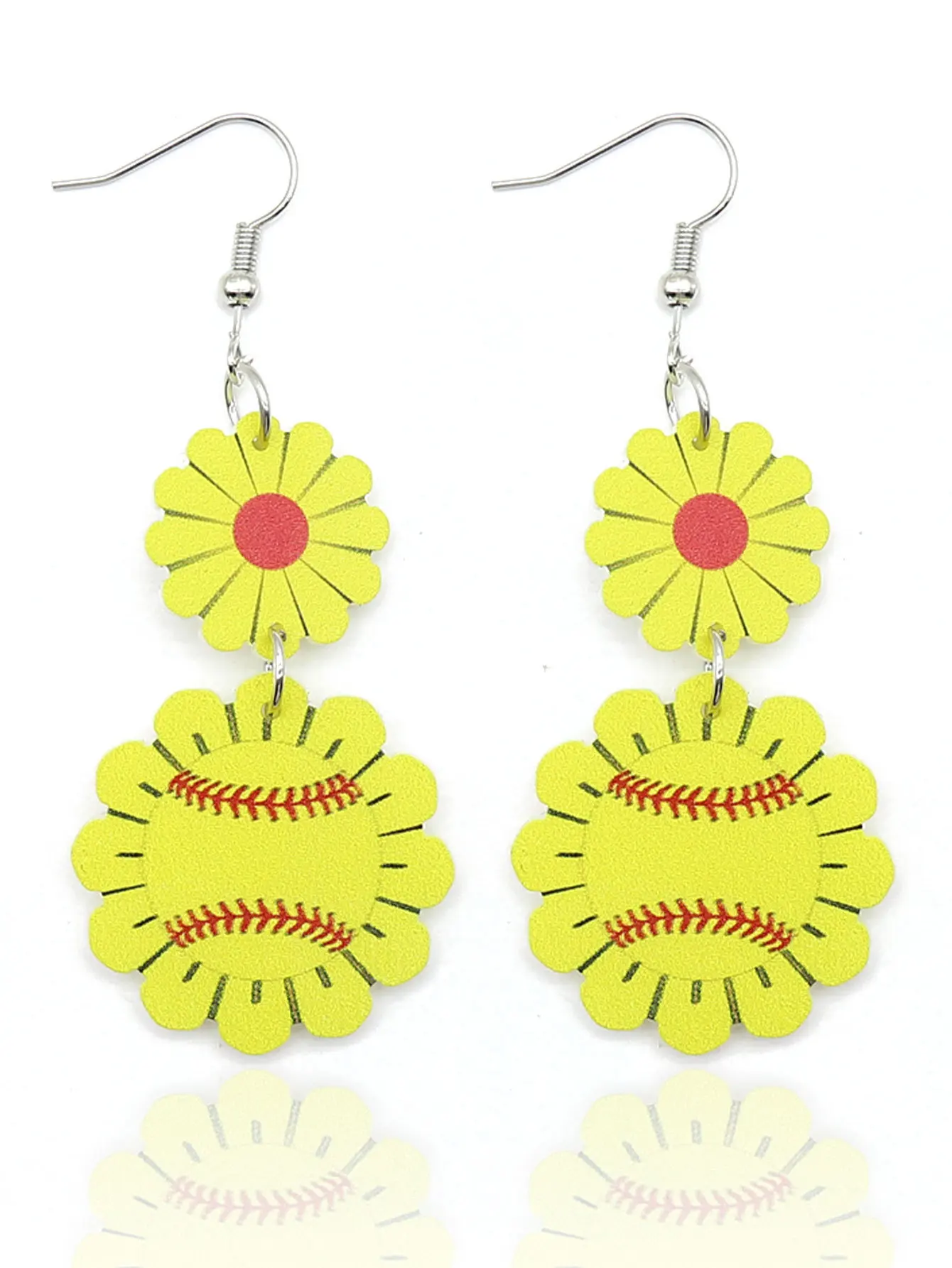 10 Pairs Yellow White Print Wood Baseball Softball Sunflower Dangle Earrings Women Team Sports Jewelry Gifts Wholesale
