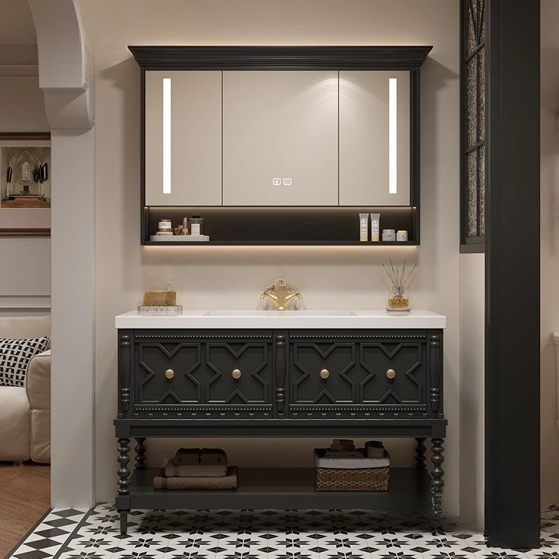 French retro floor-to-ceiling double basin bathroom cabinet combination rock slab seamless integrated