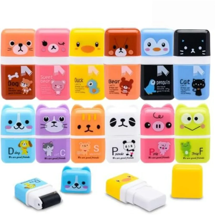 Набор из 12 милых ластиков для карандашей с роликом для очистки и футляром для бритья, идеально подходящих для школьных принадлежностей, офисных сувениров для вечеринок, подарков