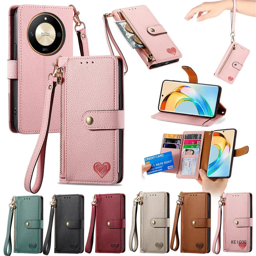 Flip Cover Card Insert Phone Cover for Honor X7 X50 60 70 Pro Phone Case Solid Color Anti-fall Zipper Wallet Clip Phone Shell