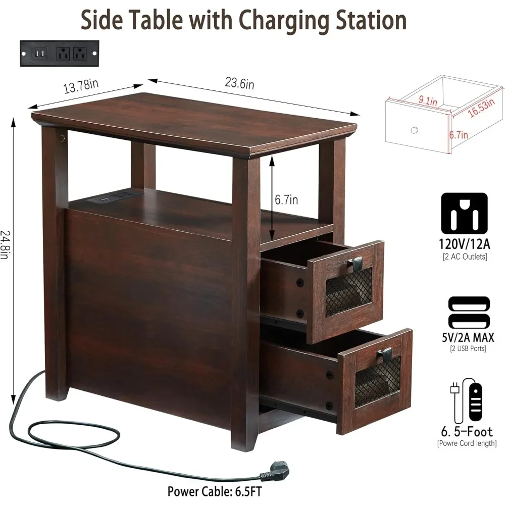 

Настраиваемый торцевой столик XXL для фермерского дома с зарядной станцией, узкий приставной столик с USB-портами и розетками, тумбочка