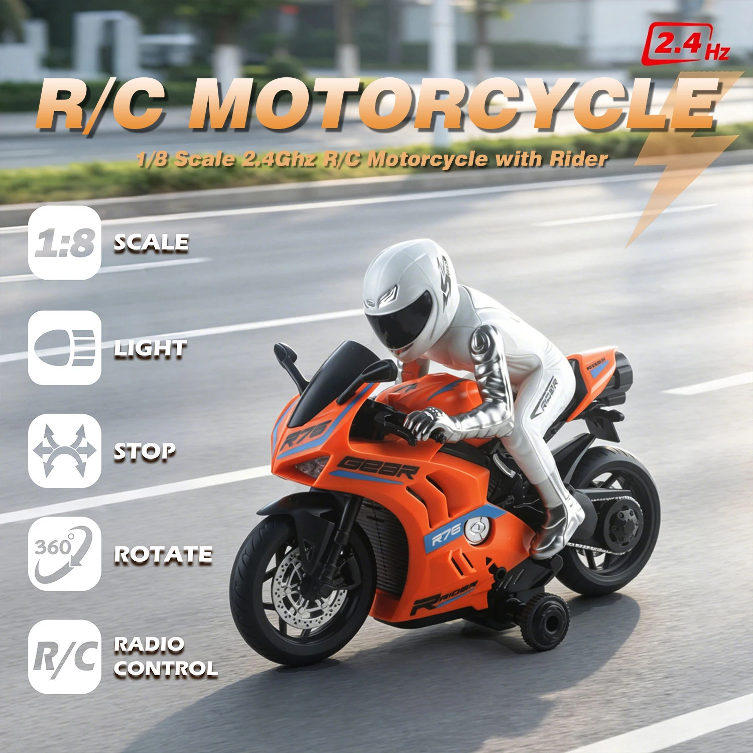 1/8 Scale 2.4G Remote Control Motorcycle Toy With LED Light 360 Degree Rotation RC Racing Bike Model For Kids Boys Girls Gift