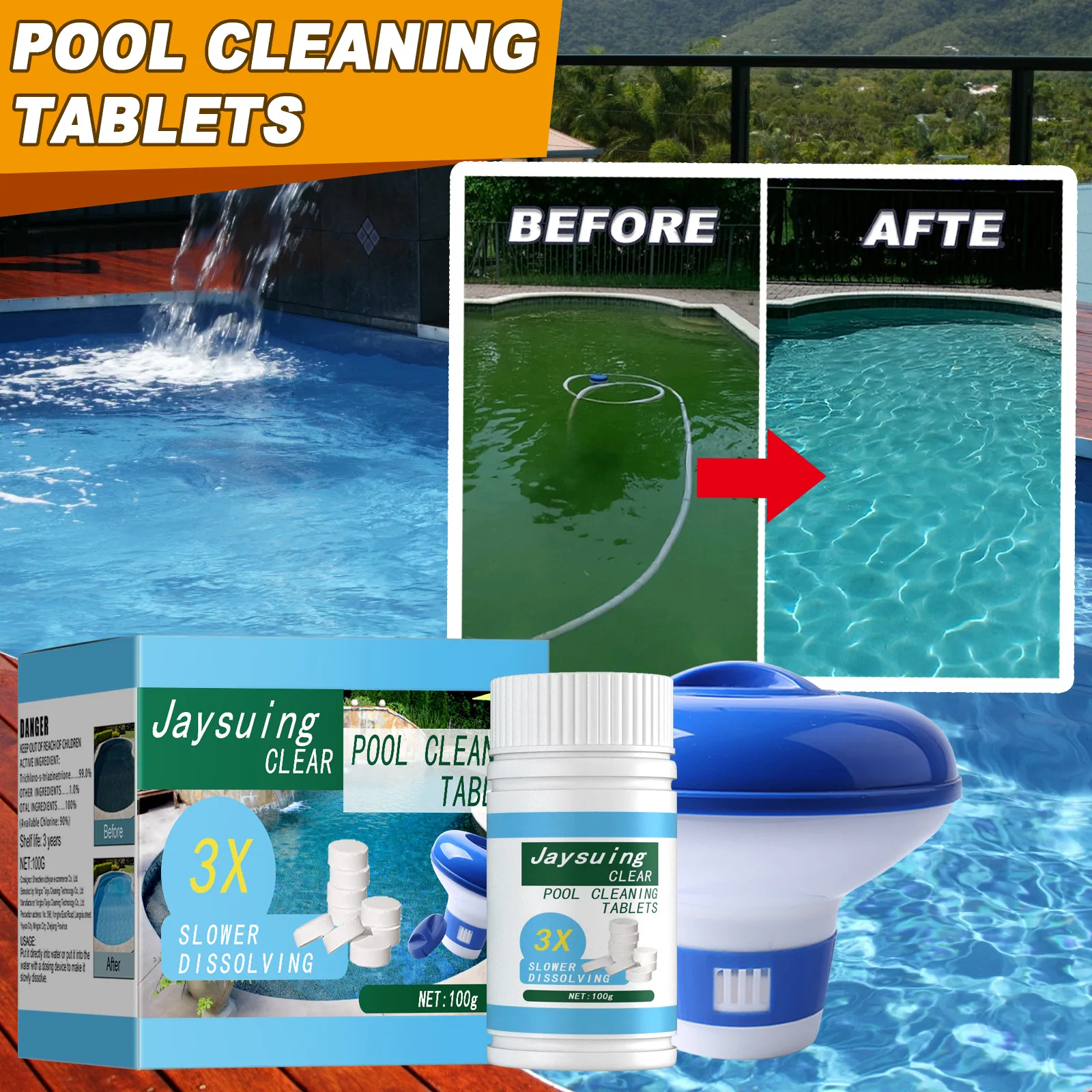 50/100g Swimming Pool Cleaning Tablets with Chlorine Dispenser Applicator Test Paper Kit Effervescent Chlorine Cage Disinfectant