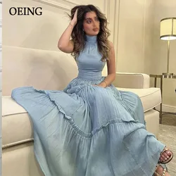 OEING Light Blue Tulle Evening Dress Simple Tiered Pleat Prom Gown Floor Length Women Dresses Formal Princess Gowns Customized