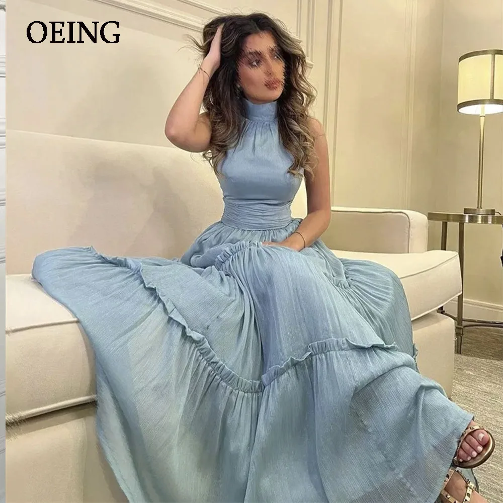 OEING Light Blue Tulle Evening Dress Simple Tiered Pleat Prom Gown Floor Length Women Dresses For Formal Occasion Princess Gowns