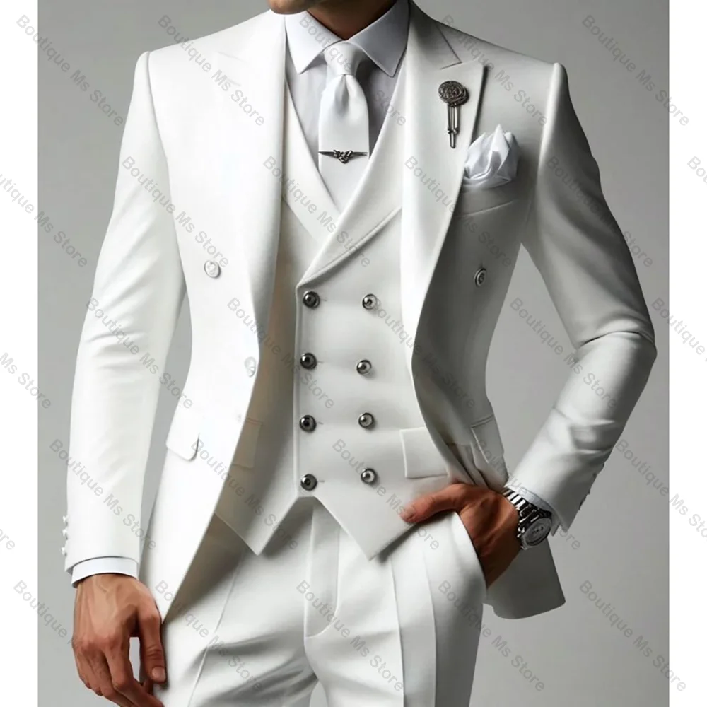 

Elegant White Men Suit Single-breasted Peak Lapel 3 Pieces(Jacket+Pants+Vest) Male Formal Wedding Party Set