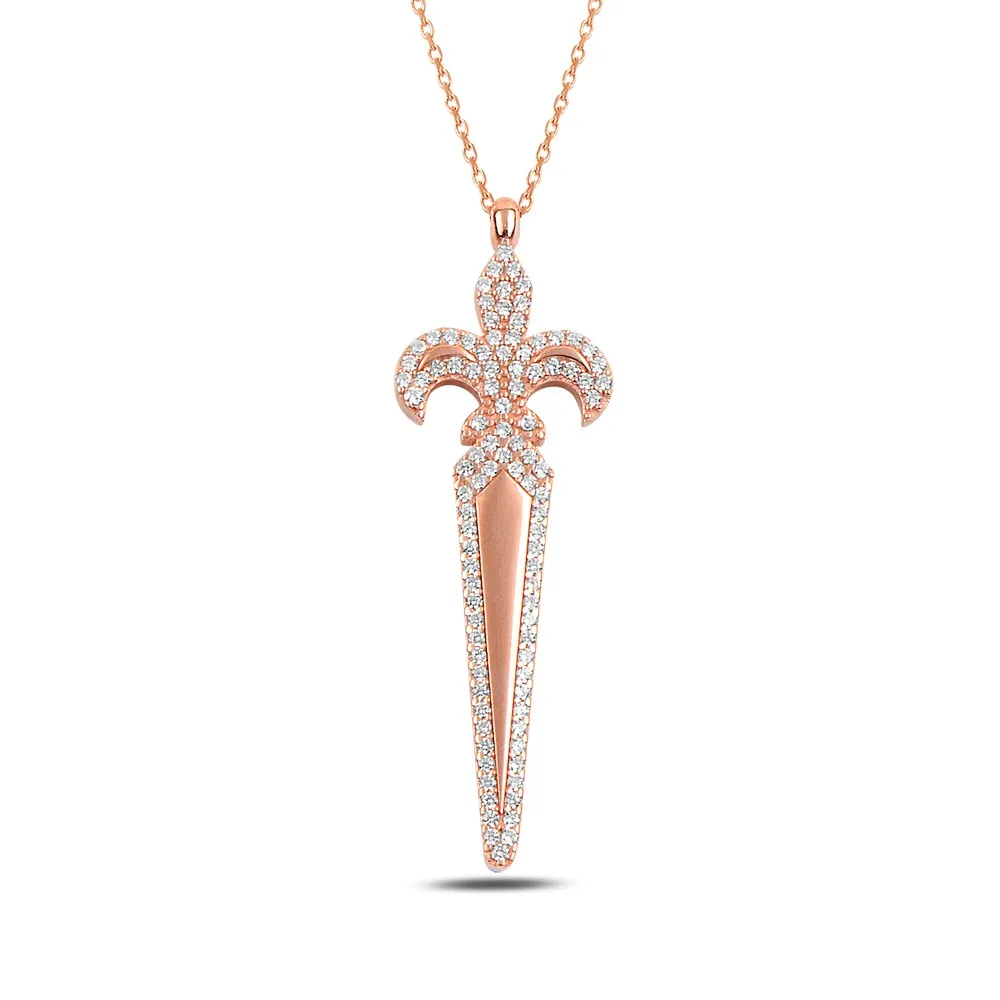 Lotus Flower Silver Necklace with Zircon Stone, Made of 925 Sterling Silver. Rose Plated.