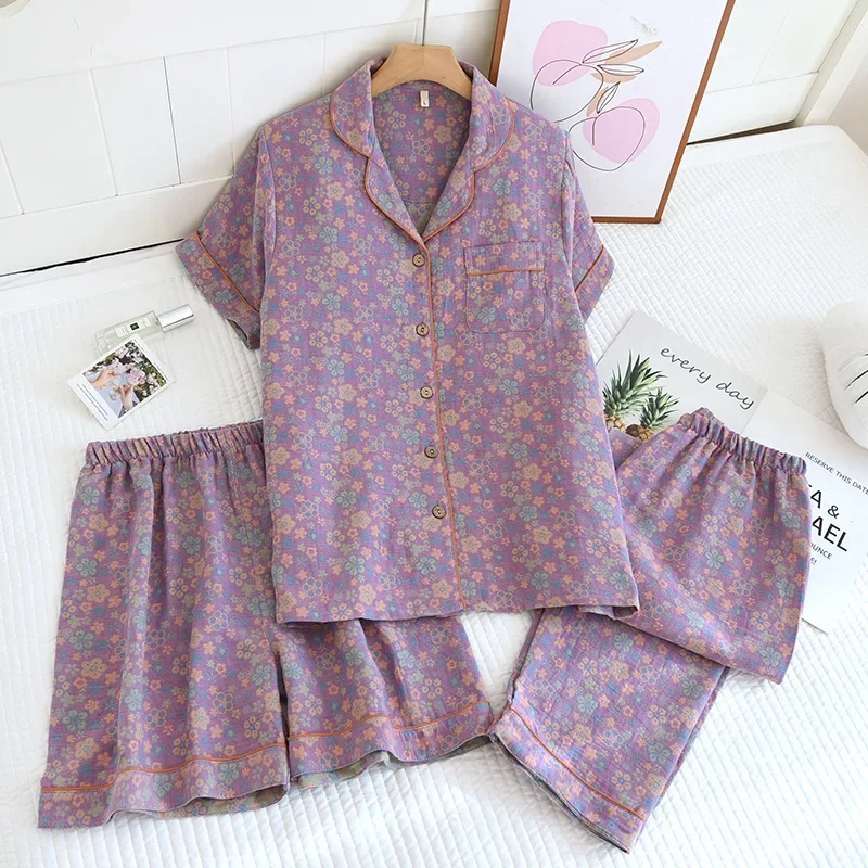 

Women's Cotton Spring and Summer Short Sleeved Home Clothes Long Pants Three Piece Set Pijamas Women Clothes