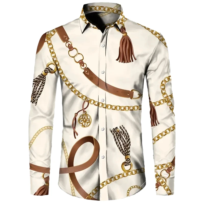 

2024 men's gold flower 3D printed luxury shirt, Baroque style short/long sleeved cardigan with lapel and buttons, used for Hawai