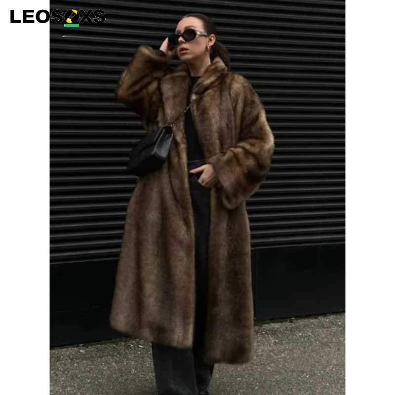 

Elegant Mixed Color Lapel Collar Long Coat for Women Winter Y2K Outerwear High Street Faux Fur Jacket Full Sleeve Loose Overcoat