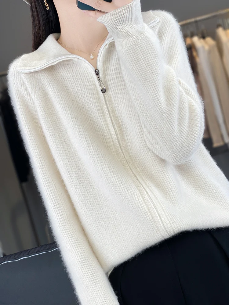 

Модные женские кардиганы из 100% мериносовой шерсти, свитер на молнии с воротником-стойкой, весна-осень-зима, шерстяной трикотаж, теплые топы с длинными рукавами